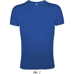 A blue T-shirt made from 100% semi-combed ring-spun cotton, featuring a logo at the bottom.
