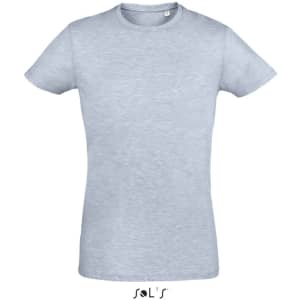 A light grey men's T-shirt made of 100% semi combed ring spun cotton with a logo.