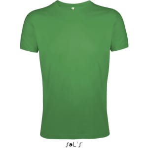 A green men's T-shirt made from 100% semi-combed ring spun cotton, featuring a logo at the bottom.