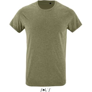 A green T-shirt made from 100% semi combed ring spun cotton, featuring a brand logo.