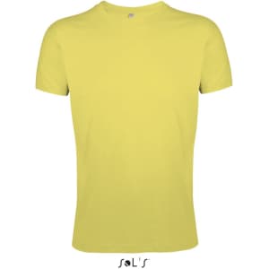 A yellow T-shirt made of 100% semi-combed ring-spun cotton, featuring a logo at the bottom.