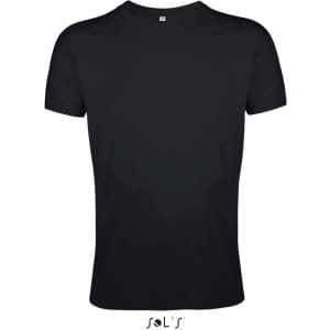 A black men's T-shirt made from 100% semi-combed ring-spun cotton, featuring a logo at the bottom.