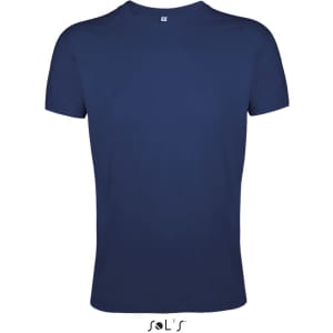 A men's T-shirt in navy blue, made from 100% semi-combed ring-spun cotton, featuring a logo on the upper back.