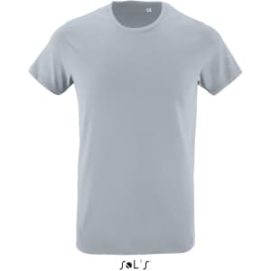 A light blue men's T-shirt made from 100% semi combed ring spun cotton, featuring a branding logo.