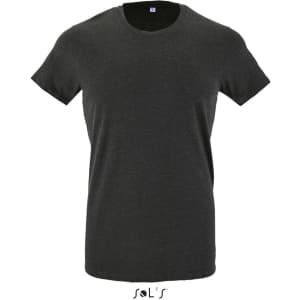 A men's T-shirt in dark grey, made of 100% semi-combed ring spun cotton, featuring a logo on the side.