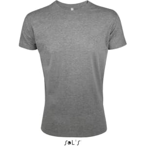 A grey men's T-shirt made of 100% semi-combed ring-spun cotton, featuring a logo on the lower part.