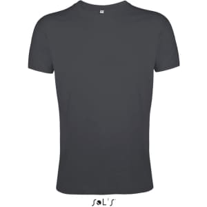 A men's T-shirt in dark grey, made from 100% semi-combed ring spun cotton, featuring a logo.