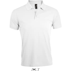 A white polo shirt made from 65% polyester and 35% ring spun cotton, featuring a logo on the collar.