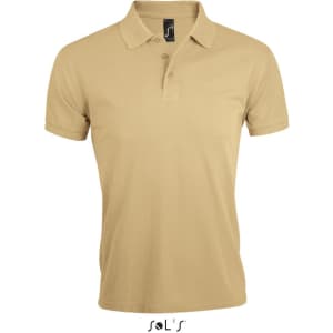 A beige polo shirt made from 65% polyester and 35% ring spun cotton, featuring a collar and a logo.