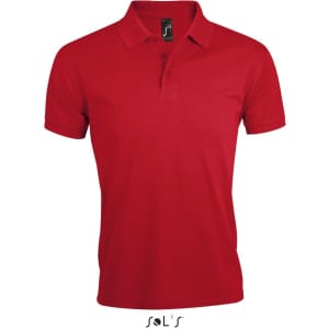 A red polo shirt made of 65% polyester and 35% ring-spun cotton, featuring a collar and a logo.