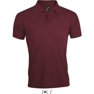 A maroon polo shirt made from 65% polyester and 35% ring spun cotton, featuring a logo.