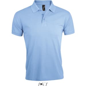 Light blue polo shirt made from 65% polyester and 35% ring-spun cotton, featuring a collar and a logo.