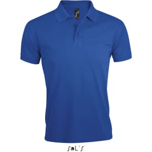 A men's polo shirt in vibrant blue, made from 65% polyester and 35% ring spun cotton, featuring a branded logo.