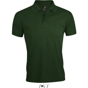 A green polo shirt made from 65% polyester and 35% ring spun cotton, featuring a logo.