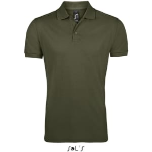 A men's polo shirt in olive green, made from 65% polyester and 35% ring spun cotton, featuring a logo.