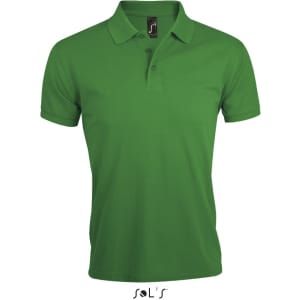 A green polo shirt made from 65% polyester and 35% ring spun cotton, featuring a branded label.