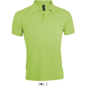 A green polo shirt made of 65% polyester and 35% ring spun cotton, featuring a logo on the collar.