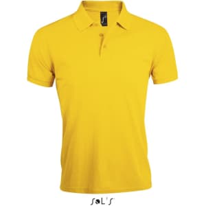 A yellow polo shirt made from 65% polyester and 35% ring spun cotton, featuring a collar and a logo.
