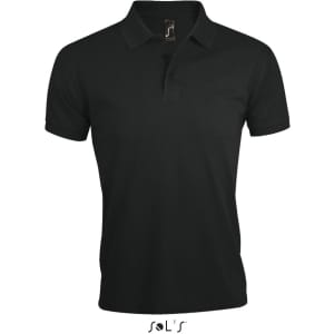 A black polo shirt made of 65% polyester and 35% ring spun cotton, featuring a logo on the collar.