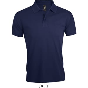 A navy blue polo shirt made of 65% polyester and 35% ring spun cotton, featuring a collar and a logo.