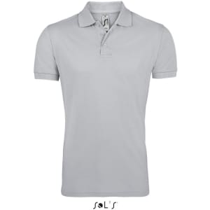 A light grey polo shirt made from 65% polyester and 35% ring spun cotton, featuring a logo.