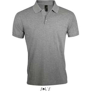 A grey polo shirt made of 65% polyester and 35% ring spun cotton, featuring a collar and a logo.