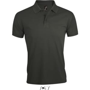 A men's polo shirt in dark green, made from 65% polyester and 35% ring spun cotton, featuring a logo.