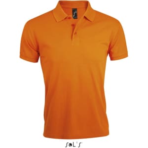 An orange polo shirt made of 65% polyester and 35% ring-spun cotton with a logo on the collar.