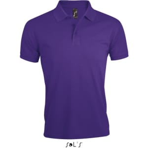 A purple polo shirt made from 65% polyester and 35% ring spun cotton, featuring a logo.