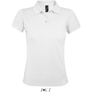 A women's white polo shirt made from 65% polyester and 35% ring spun cotton, featuring a logo on the collar.