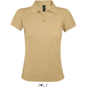 A women's polo shirt in beige, made of 65% polyester and 35% ring spun cotton, featuring a logo.