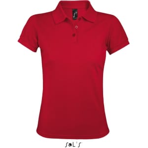 A red women's polo shirt made from 65% polyester and 35% ring-spun cotton, featuring a collar and branding.
