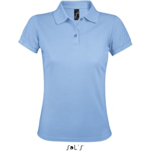 A light blue women's polo shirt made from 65% polyester and 35% ring-spun cotton, featuring a logo.