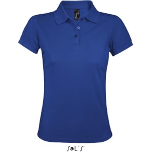 A women's polo shirt in a vibrant blue colour, made of 65% polyester and 35% ring spun cotton. It features a logo.
