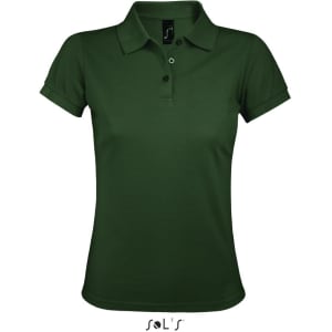 A women's polo shirt in dark green, made from 65% polyester and 35% ring-spun cotton, featuring a logo.