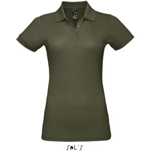 A women's polo shirt in olive green, made of 65% polyester and 35% ring-spun cotton, featuring a logo.