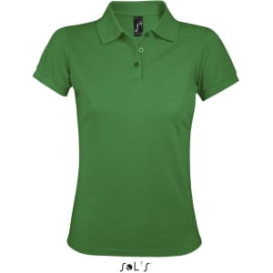A women's polo shirt in green, made of 65% polyester and 35% ring spun cotton, featuring a logo.
