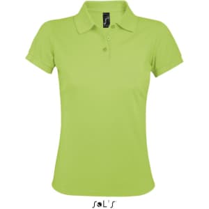 A women's polo shirt in a vibrant light green, made from 65% polyester and 35% ring spun cotton, featuring a logo.