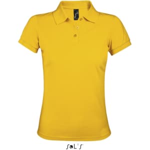 A women's polo shirt in bright yellow, made from 65% polyester and 35% ring-spun cotton, featuring a logo.