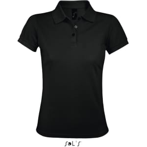 A black women's polo shirt made of 65% polyester and 35% ring spun cotton, featuring a logo on the collar.