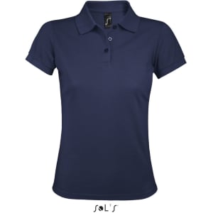 A navy polo shirt for women made of 65% polyester and 35% ring-spun cotton. It features a logo on the collar.