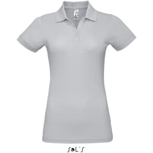 A women's polo shirt in light grey, made of 65% polyester and 35% ring spun cotton, featuring a logo.