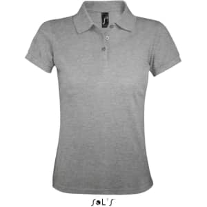 A grey women's polo shirt made of 65% polyester and 35% ring spun cotton, featuring a logo on the tag.