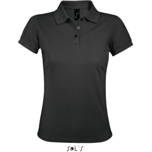 A women's polo shirt in dark grey, featuring a collar, short sleeves, and a logo. Made from 65% polyester and 35% ring spun cotton.