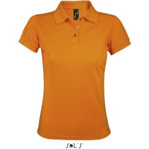 An orange women's polo shirt made of 65% polyester and 35% ring spun cotton, featuring a logo.