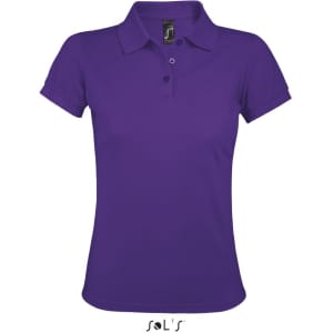 A women's polo shirt in a vibrant purple colour, made from 65% polyester and 35% ring-spun cotton, featuring a logo.