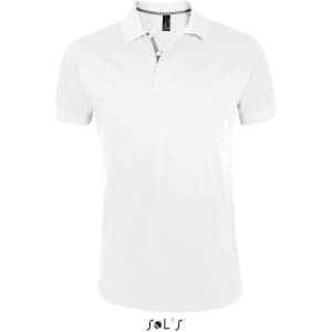 A white men's polo shirt made from 100% ring spun cotton, featuring a collar and a branded logo.