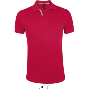 A red polo shirt made from 100% ring spun cotton, featuring a collar and a logo.