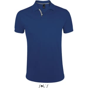A blue polo shirt made of 100% ring spun cotton with a collar and a branded label.