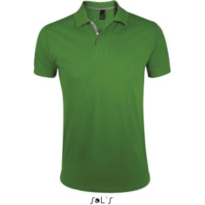 A green men's Polo shirt made from 100% ring spun cotton, featuring a simple design and a branded label.